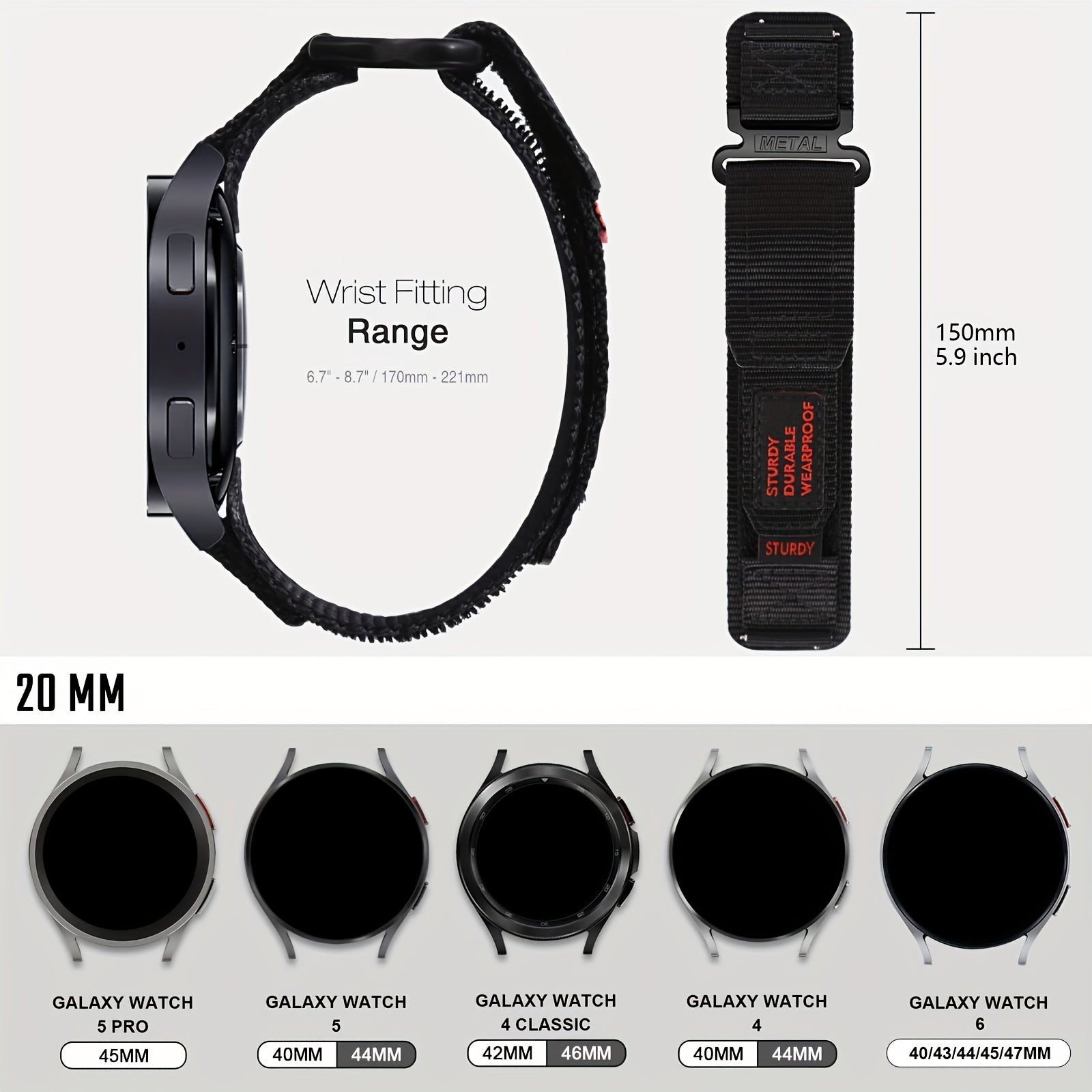 Nylon Watch Strap for Samsung Galaxy and Smartwatches 40mm 44mm 45mm