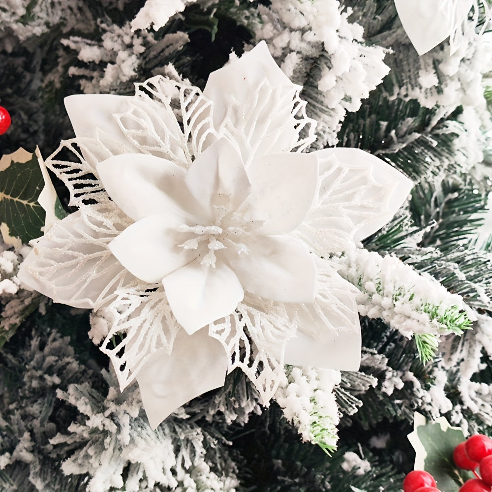 6-Pack Artificial Poinsettia Flowers 15cm Fabric Plastic Holiday Decor for Christmas Wreaths Garlands