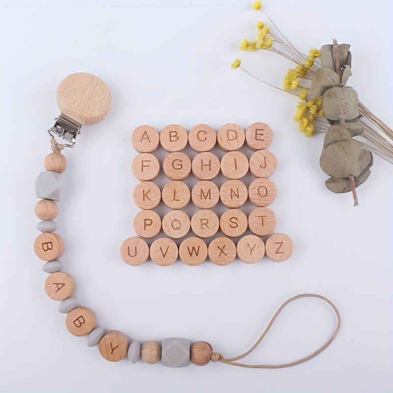 26 Pieces 15mm Beech Wood Flat Round Letter Beads for Jewelry Making