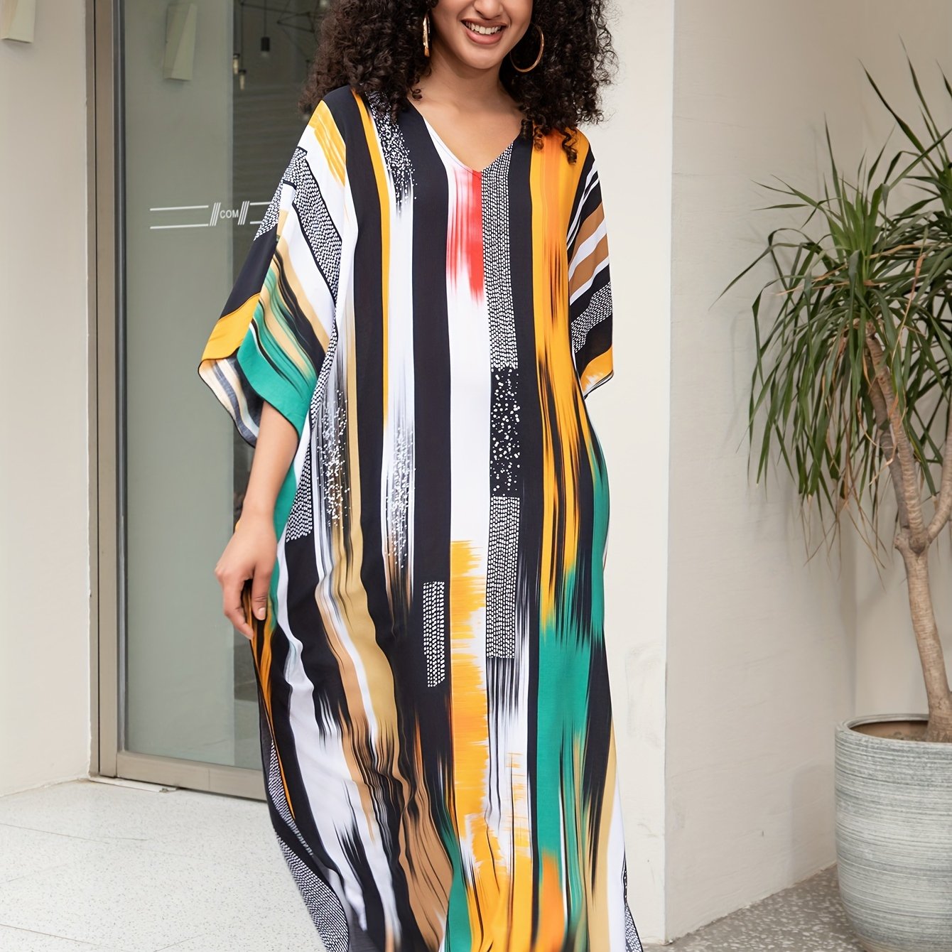 Plus Size Colorful Striped Boho Cover Up Dress V-Neck Woven Viscose