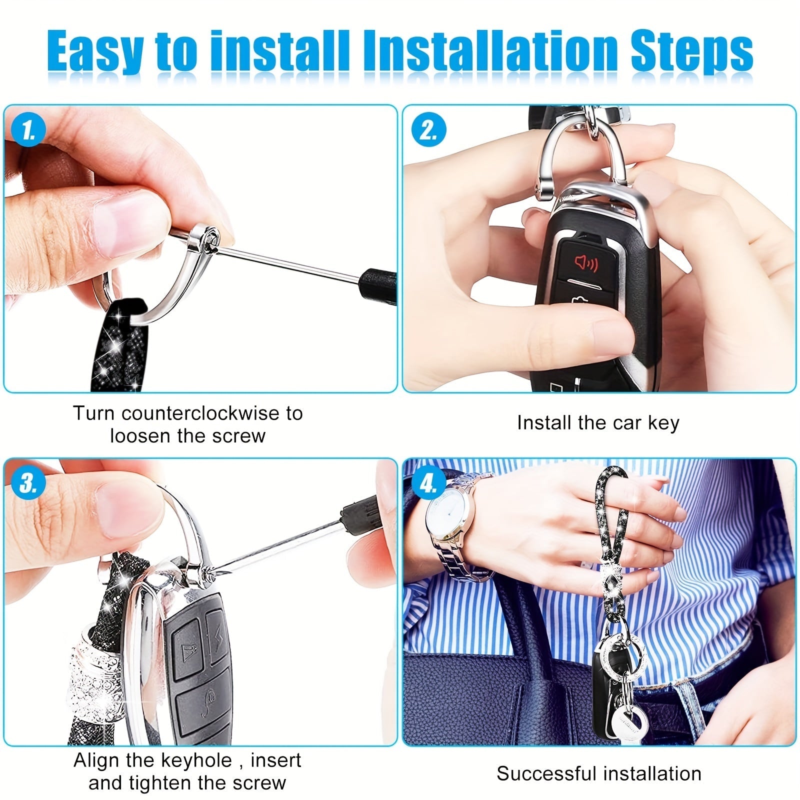 Crystal Bling Car Keychain for Women, Rhinestone Ring and Strap Accessory