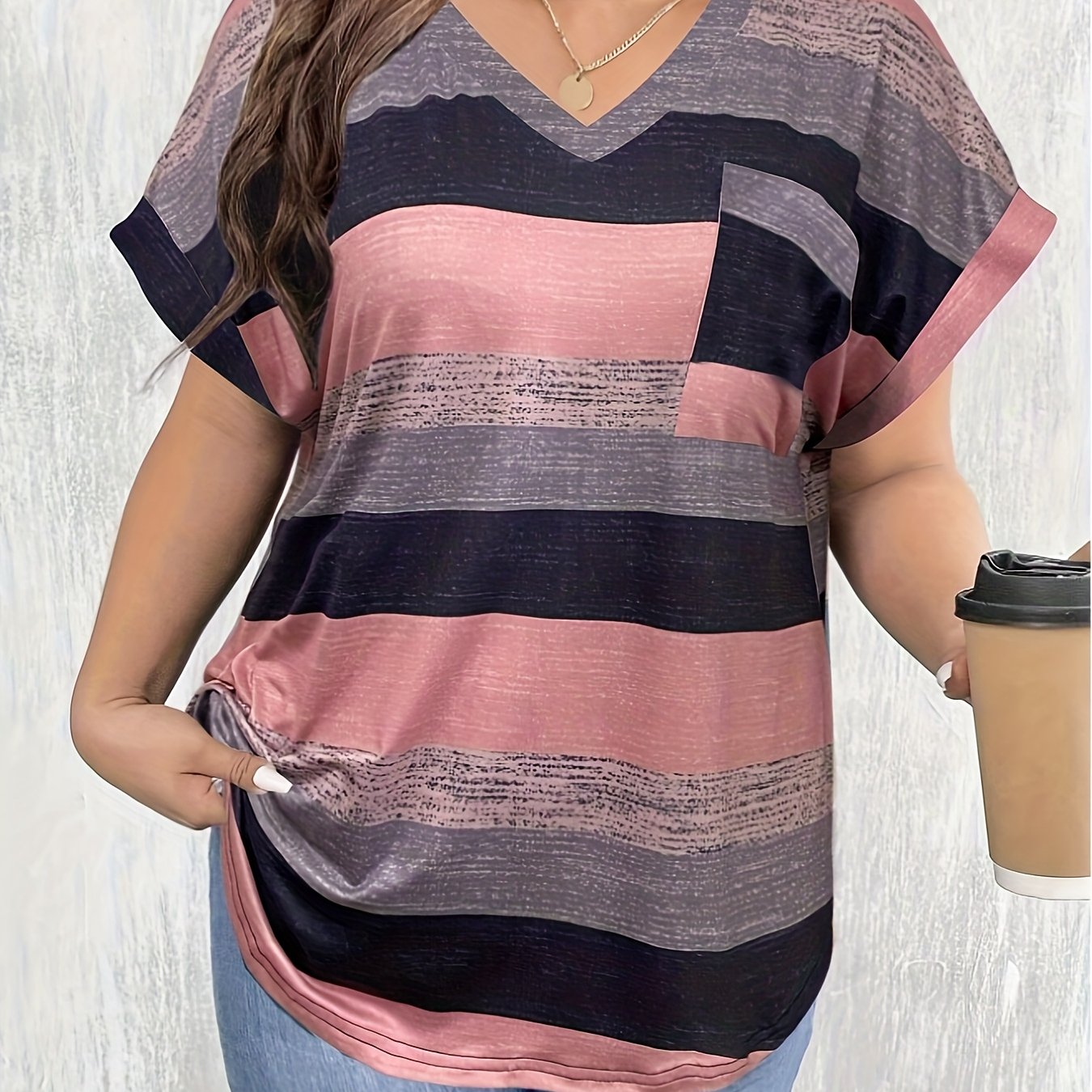 Plus Size Women's Striped V-Neck T-Shirt Casual Short Sleeve Top Light Blue White