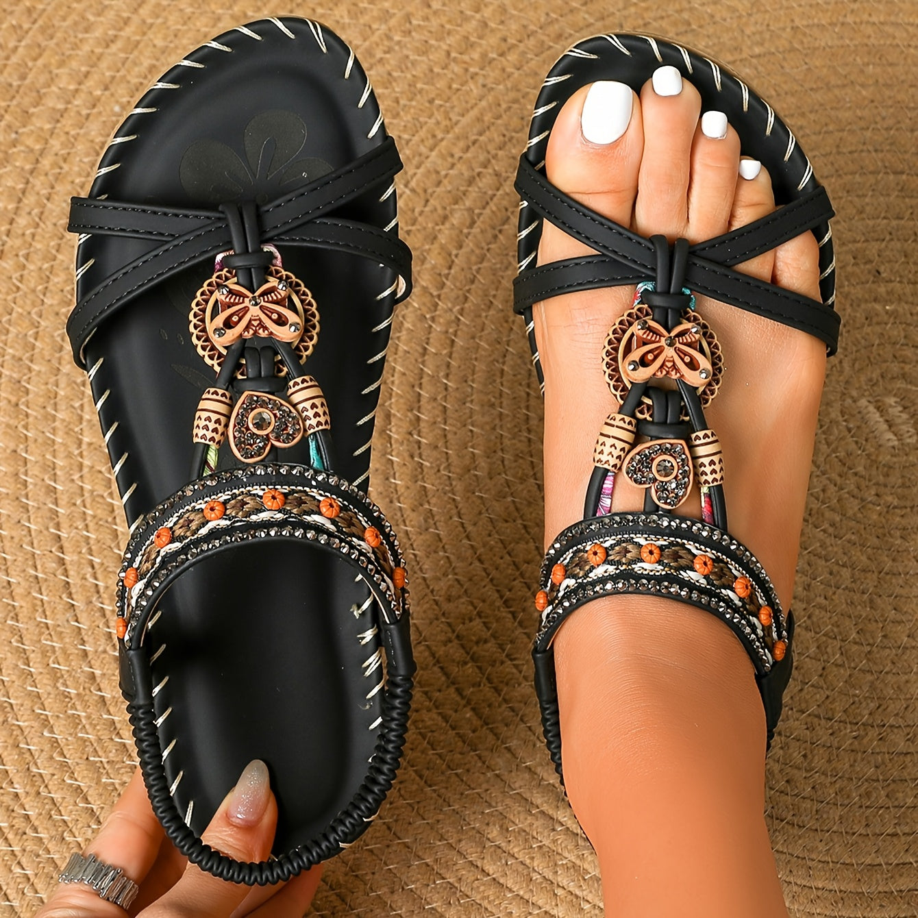 Women's Boho Summer Sandals Faux Cover Rhinestone Braided Strap