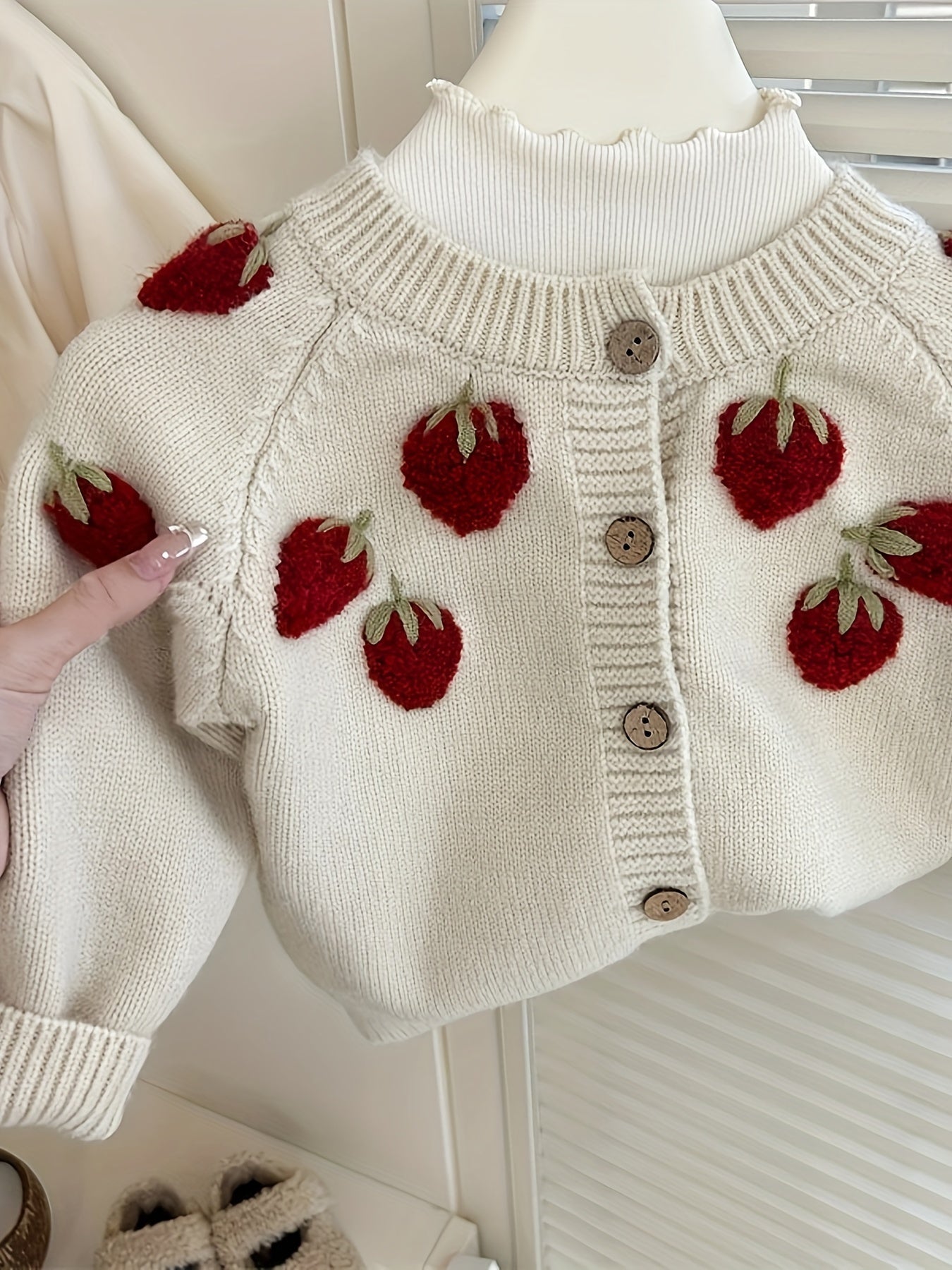 Kids Acrylic Blend Cardigan with Strawberry Pattern Crew Neck Button Closure for Spring Fall
