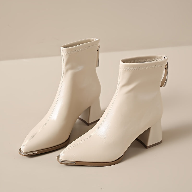 Women Mid-Calf Square Toe Boots Black Beige Brown Zipper Rubber Sole