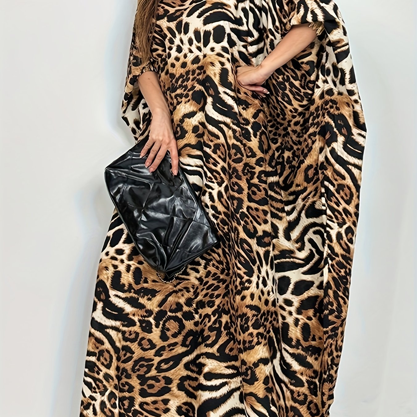 Bata abaya con estampado de leopardo para mujer, de manga larga, caftán para noche