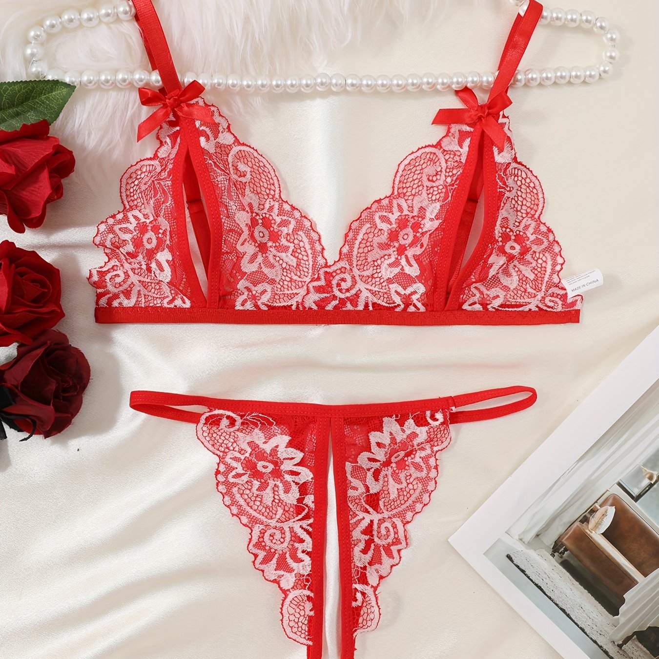 Floral Lace Lingerie Set with Cupless Bralette and Crotchless Thong