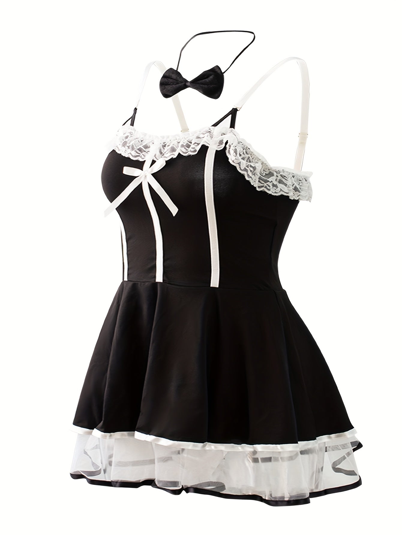 Women's Plus Size Lingerie Costume Set Black White Contrast Halter Dress