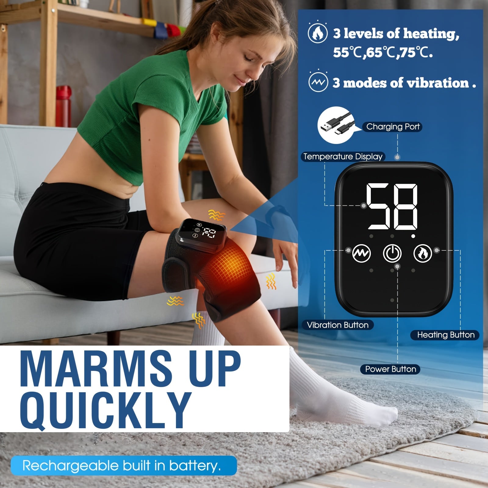 Wireless Heated Knee Massager with Vibration 3-in-1 Heating and Massage for Knee Shoulder Elbow