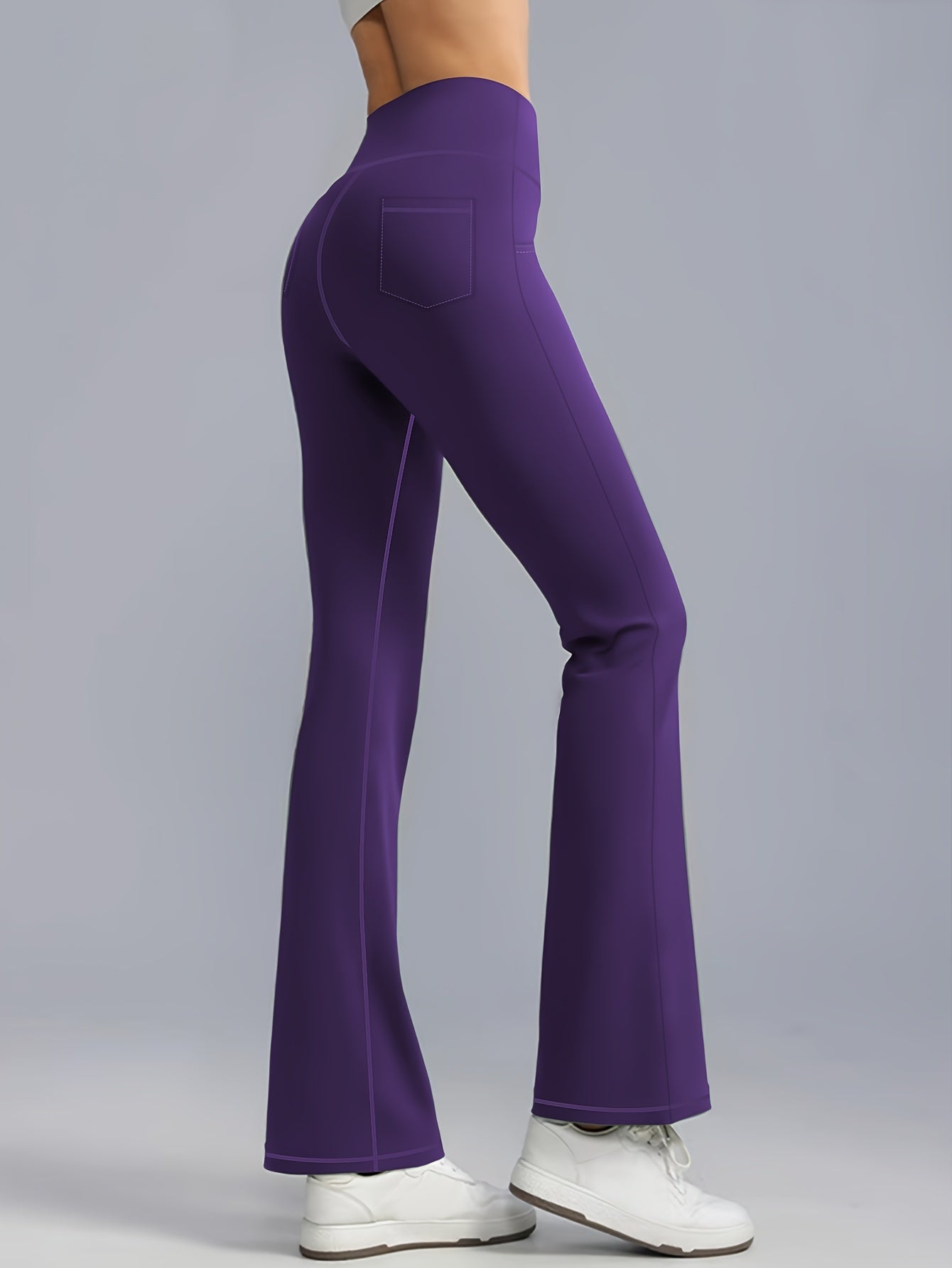 Женские спортивные леггинсы с расклешёнными штанинами и карманами, высокая талия, однотонные, эластичные штаны plus size