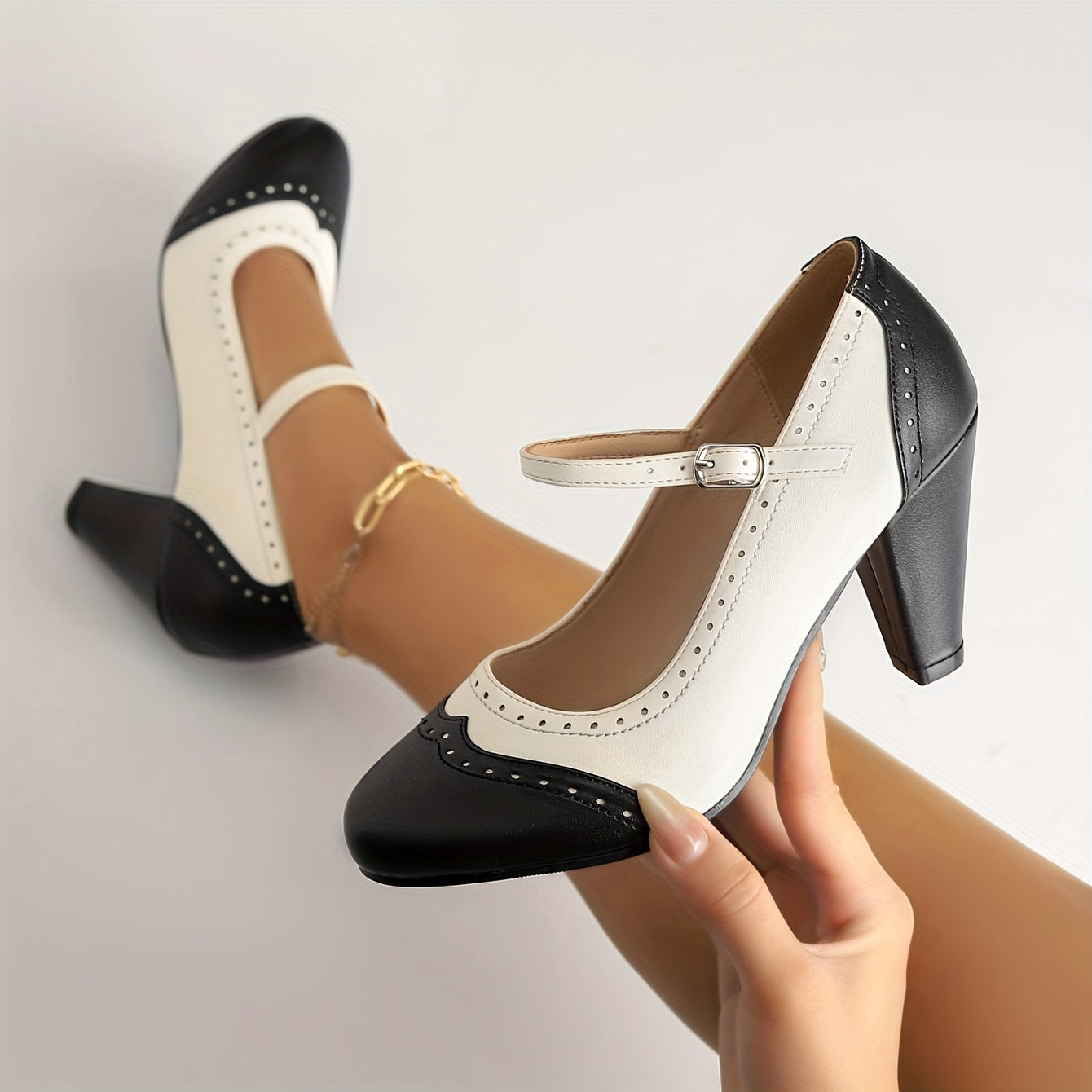 Women's High Heels Contrast Color Dress Pumps with Buckle Strap