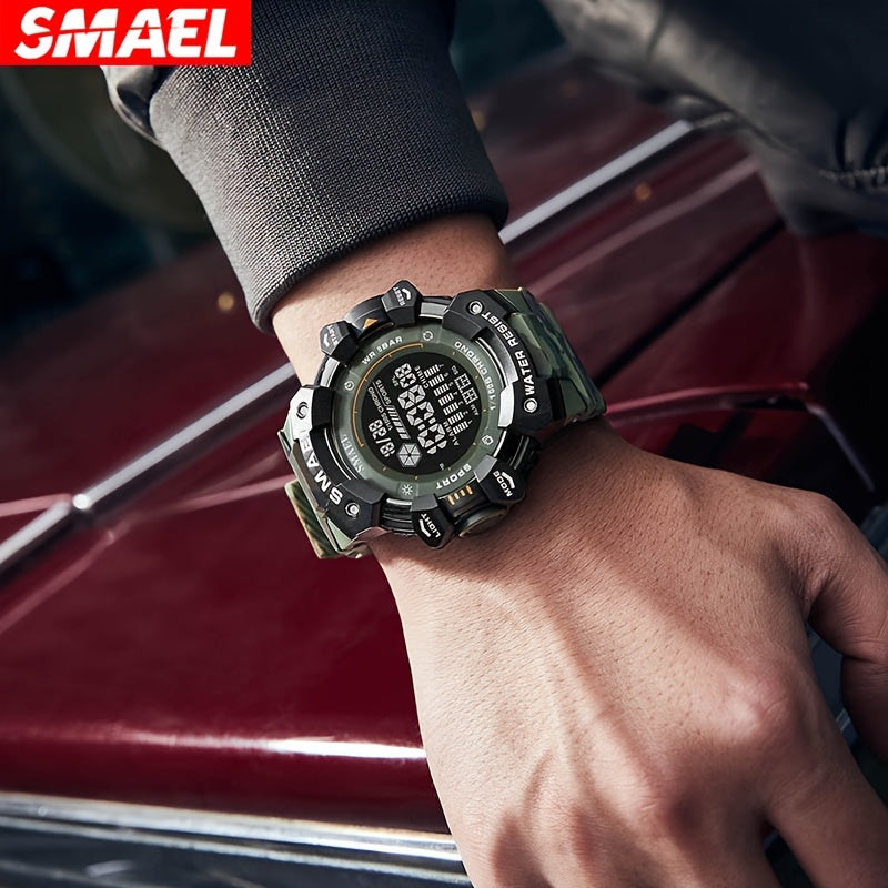 SMAEL Sports tomonidan tashqi tog‘larda yurish uchun ko‘p funksiyali LED tun chirog‘i qo‘l soati, katta dial, signal, kalendar va kamuflyaj tasmasi bilan.