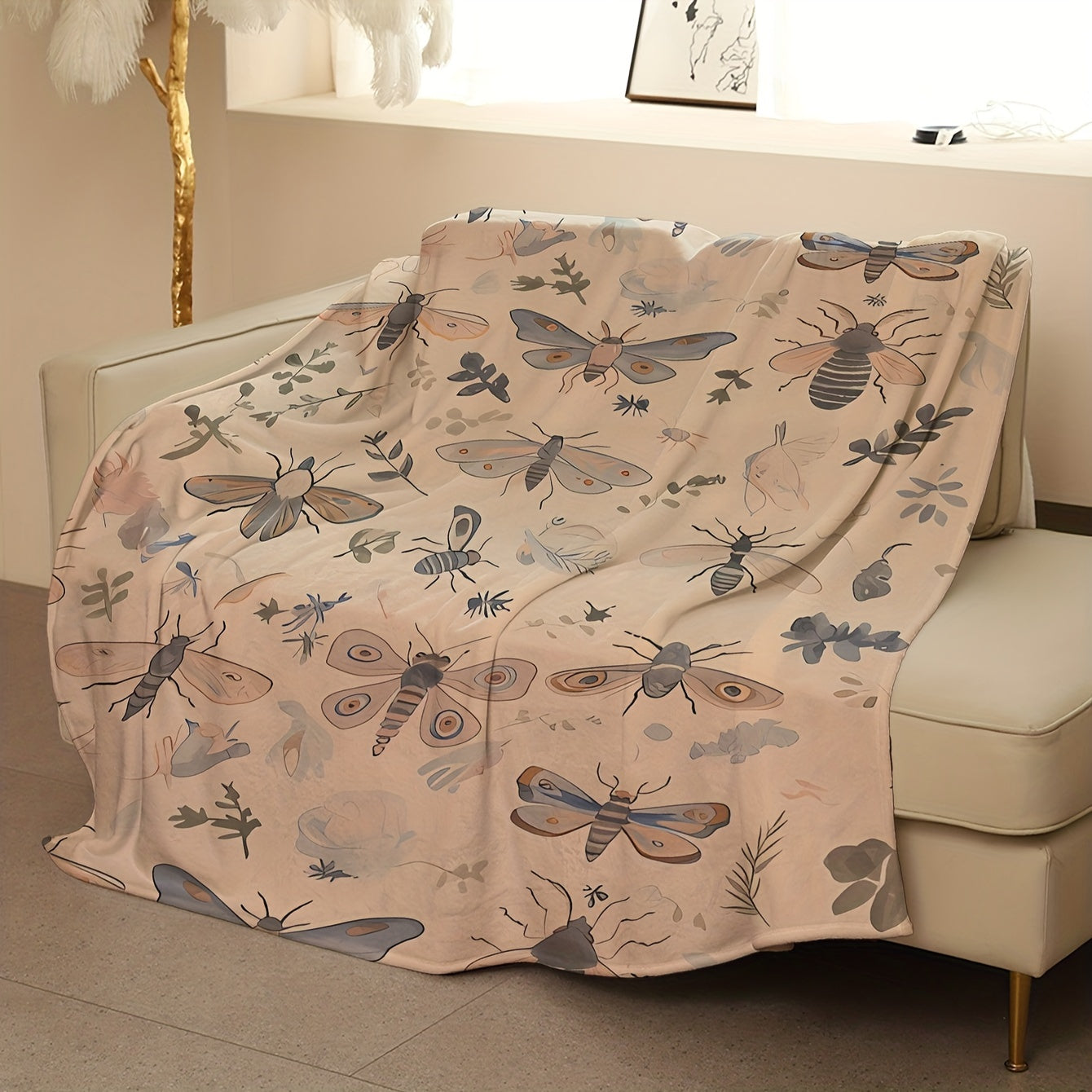 Insect Pattern Throw Blanket Coral Fleece Polyester Knit Lightweight Warm All Seasons