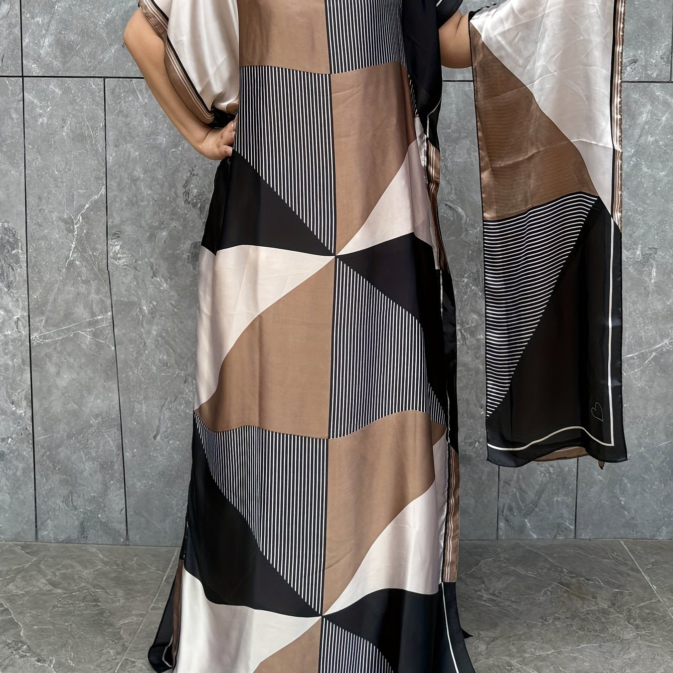 Women's Plus Size Geometric Print Kaftan Dress Short Sleeve Summer Casual Beige Black White