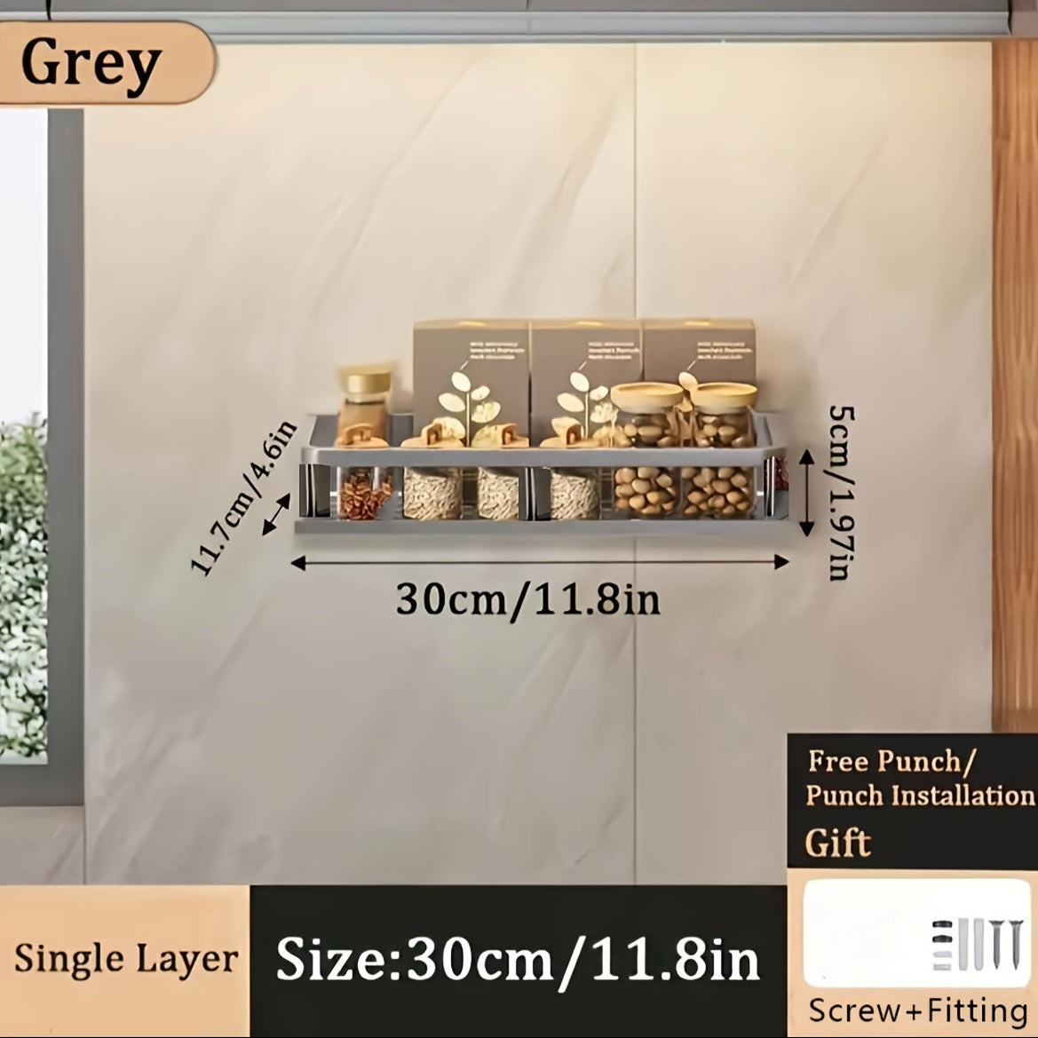 Aluminum Wall-Mount Spice Rack Kitchen Organizer for Spices and Cookware