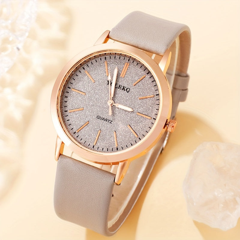 Women's Quartz Watch Set with Heart Jewelry, 6-Piece, Faux Leather Strap