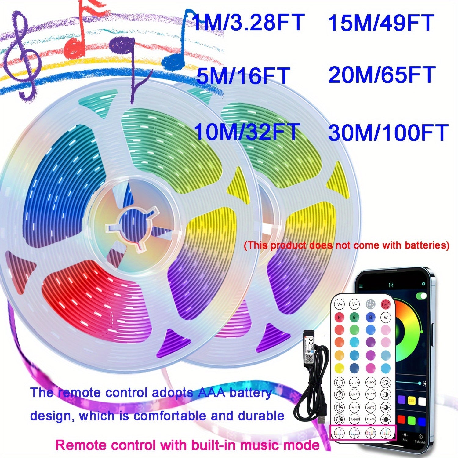 5V RGB LED Strip Lights with Remote Music Sync Multi-Color Night Light for Room Home Party