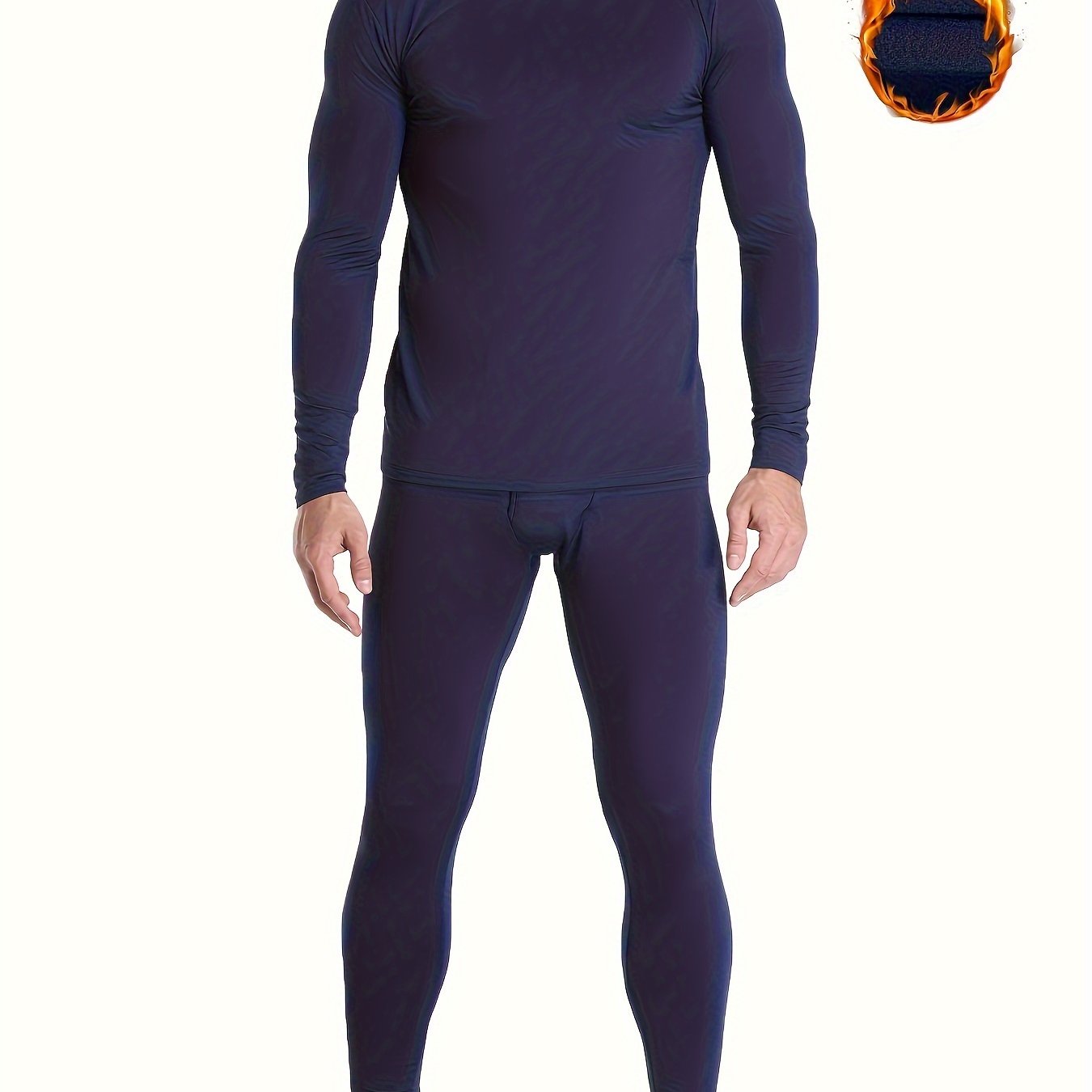 Men's Winter Thermal Underwear Set Long Sleeve Top and Pants Solid Color Polyester Spandex