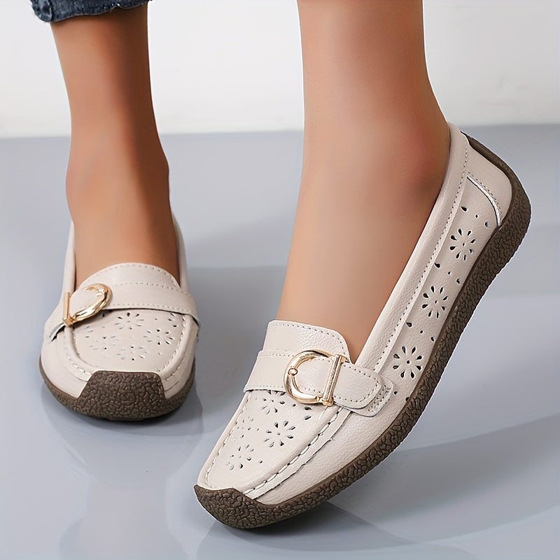 Women's White Slip-On Loafers with Ventilation Holes, Gold Buckle, Soft TPR Sole