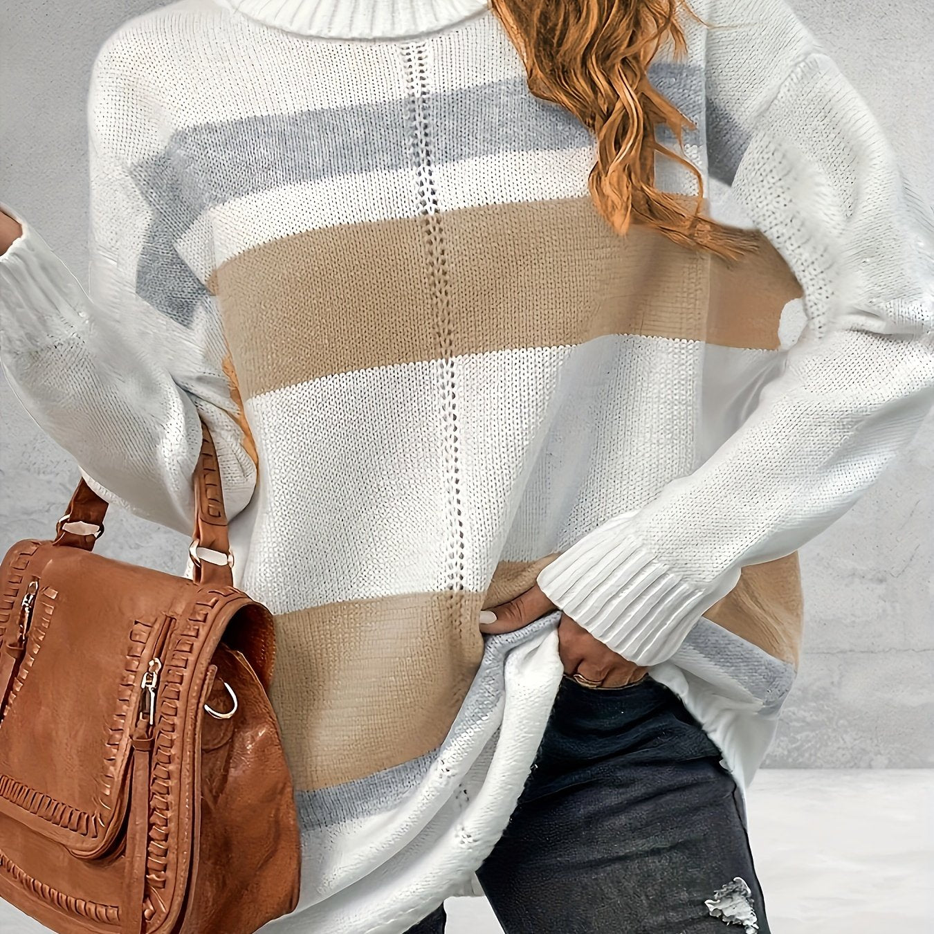 Women's Turtleneck Sweater Long Sleeve Loose Fit Striped Pullover Beige Black Fall Winter