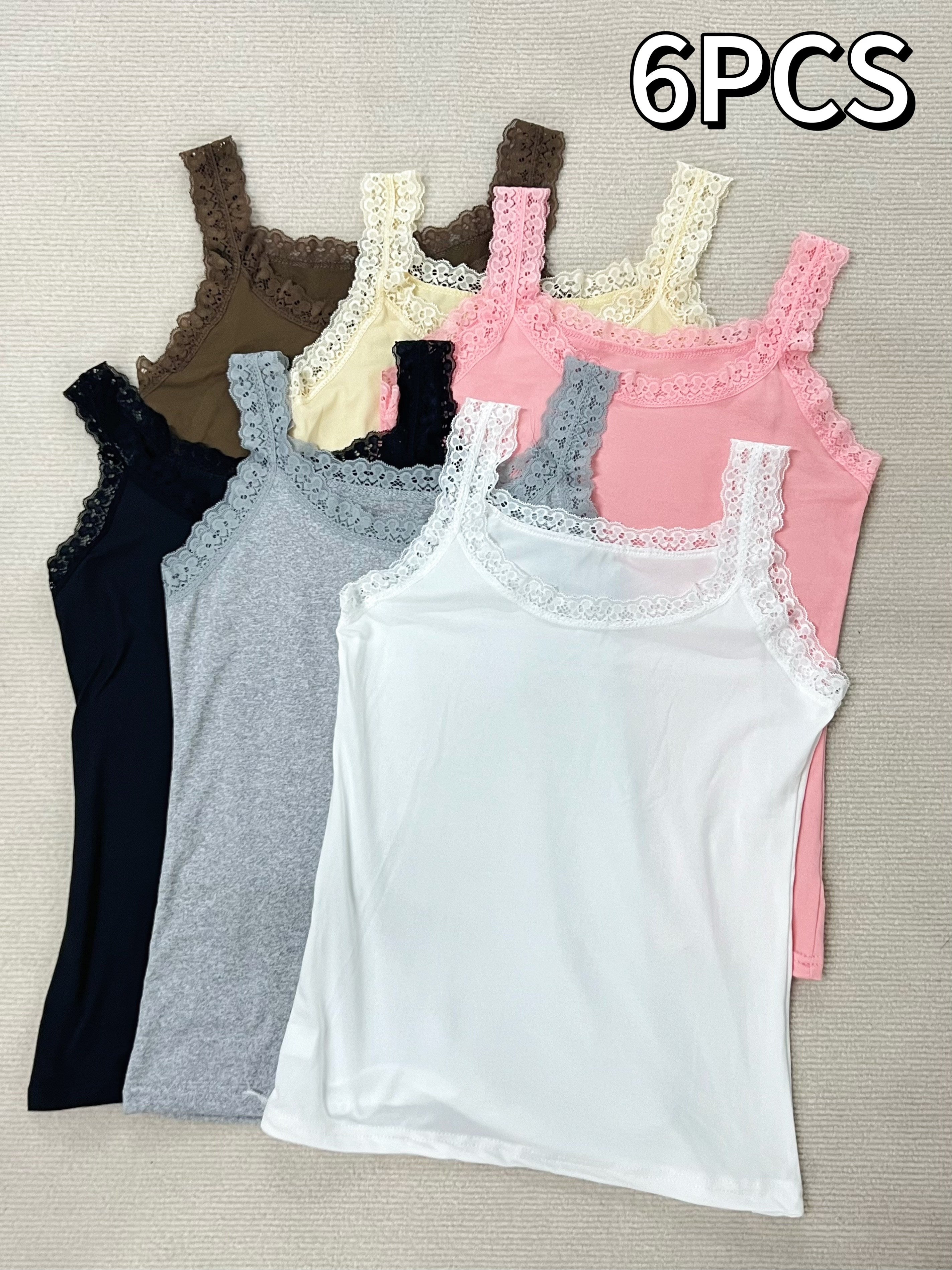 Plus Size Women's Lace Trim Cotton Blend Tank Tops 6 Pack Solid Colors