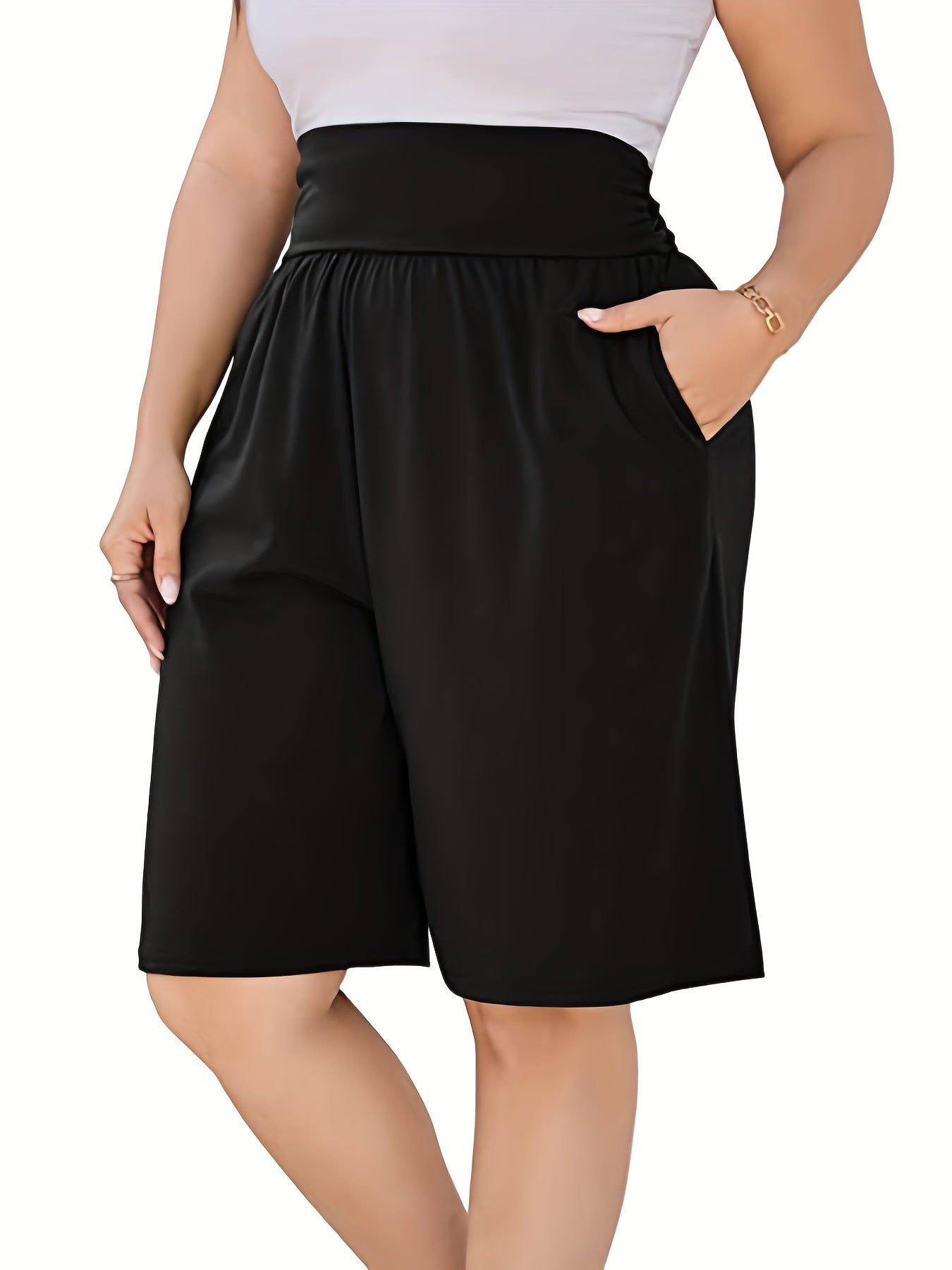 Pantalones capri de talla grande para mujer, de color sólido, de tiro alto, con alta elasticidad y cómodos