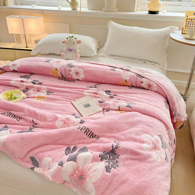 Floral Pattern Flannel Throw Blanket for Sofa Bed Office Car Cozy All-Season