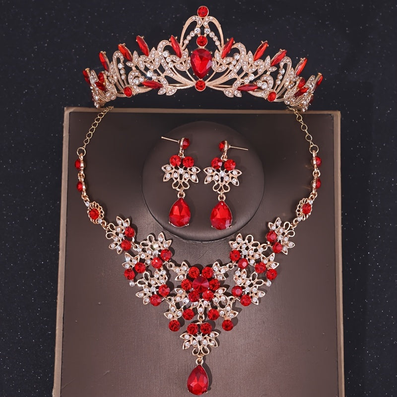 Elegant Wedding Jewelry Set with Crown Necklace and Earrings Green Rhinestones Bridal Accessories for Women