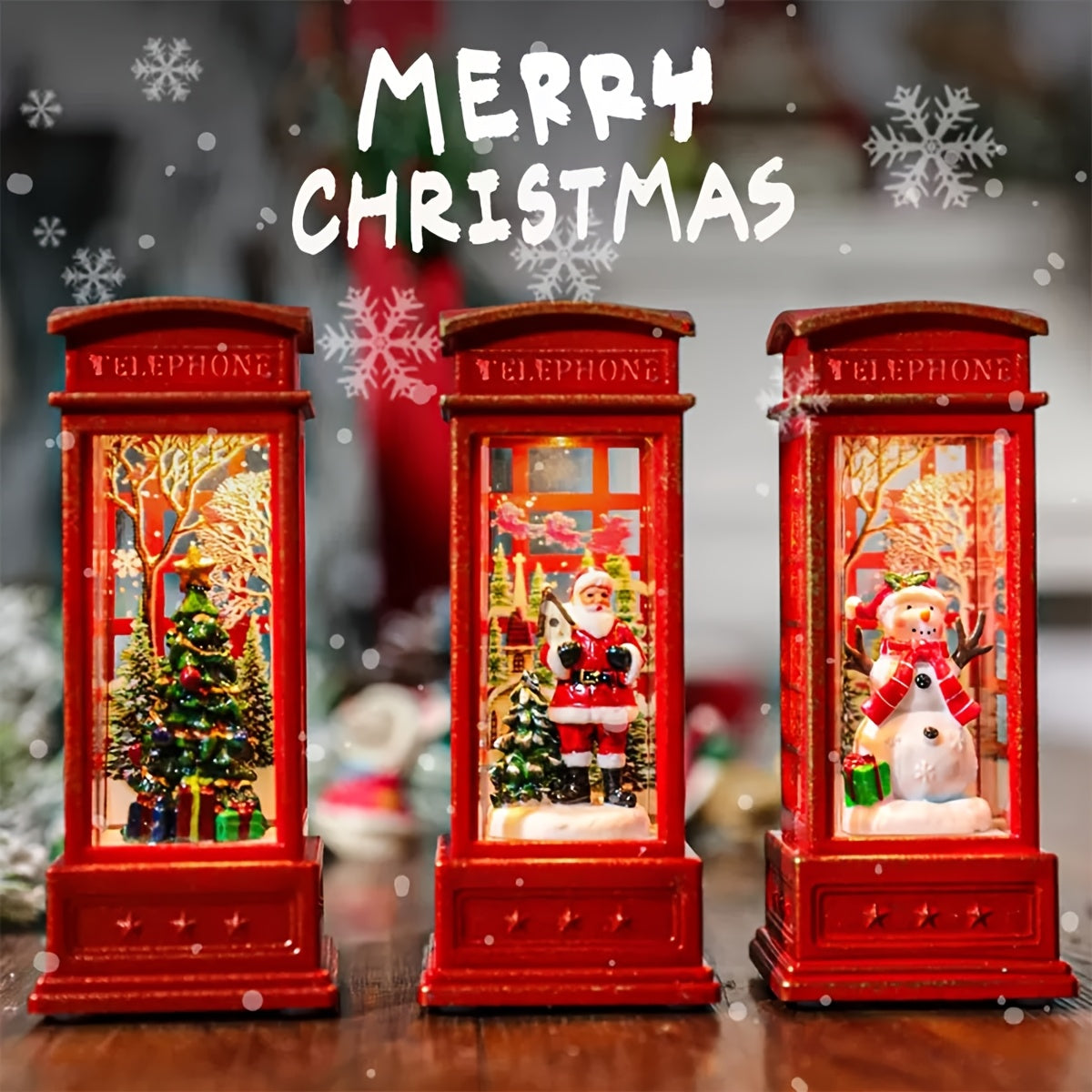 Festive Christmas Phone Booth Decoration with Santa Snowman Tree Scenes Battery-Operated Illuminated Red Cabinet