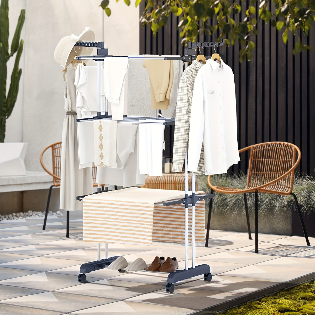 3-Tier Aluminum Clothes Drying Rack with Wheels Foldable Indoor Outdoor Laundry Organizer
