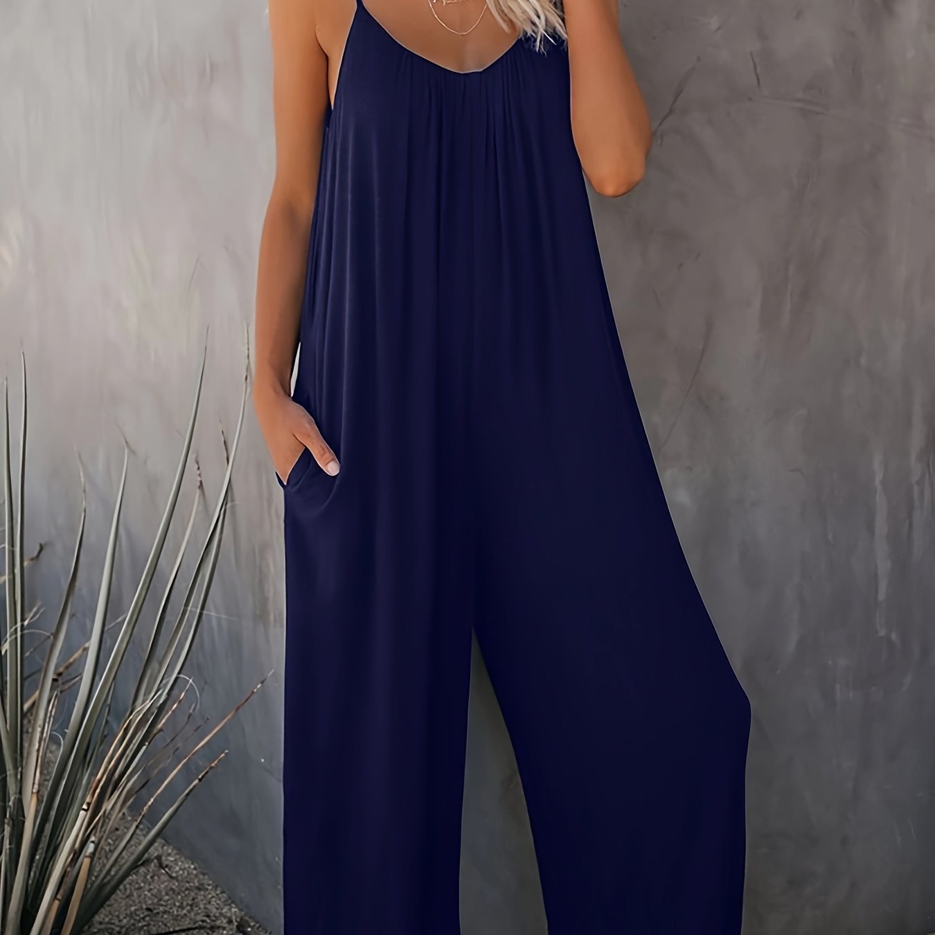 Women's Navy Blue Sleeveless Jumpsuit with Pockets, Wide-Leg Pants, Lightweight