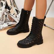 Women's Black Synthetic Mid-Calf Lace-Up Combat Boots with Side Zipper