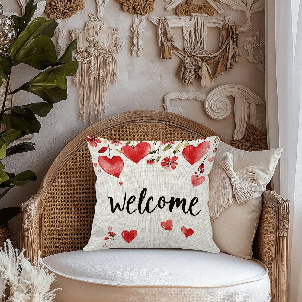 Red Heart and Floral Throw Pillow Cover 45cm Polyester Zippered Washable Decorative