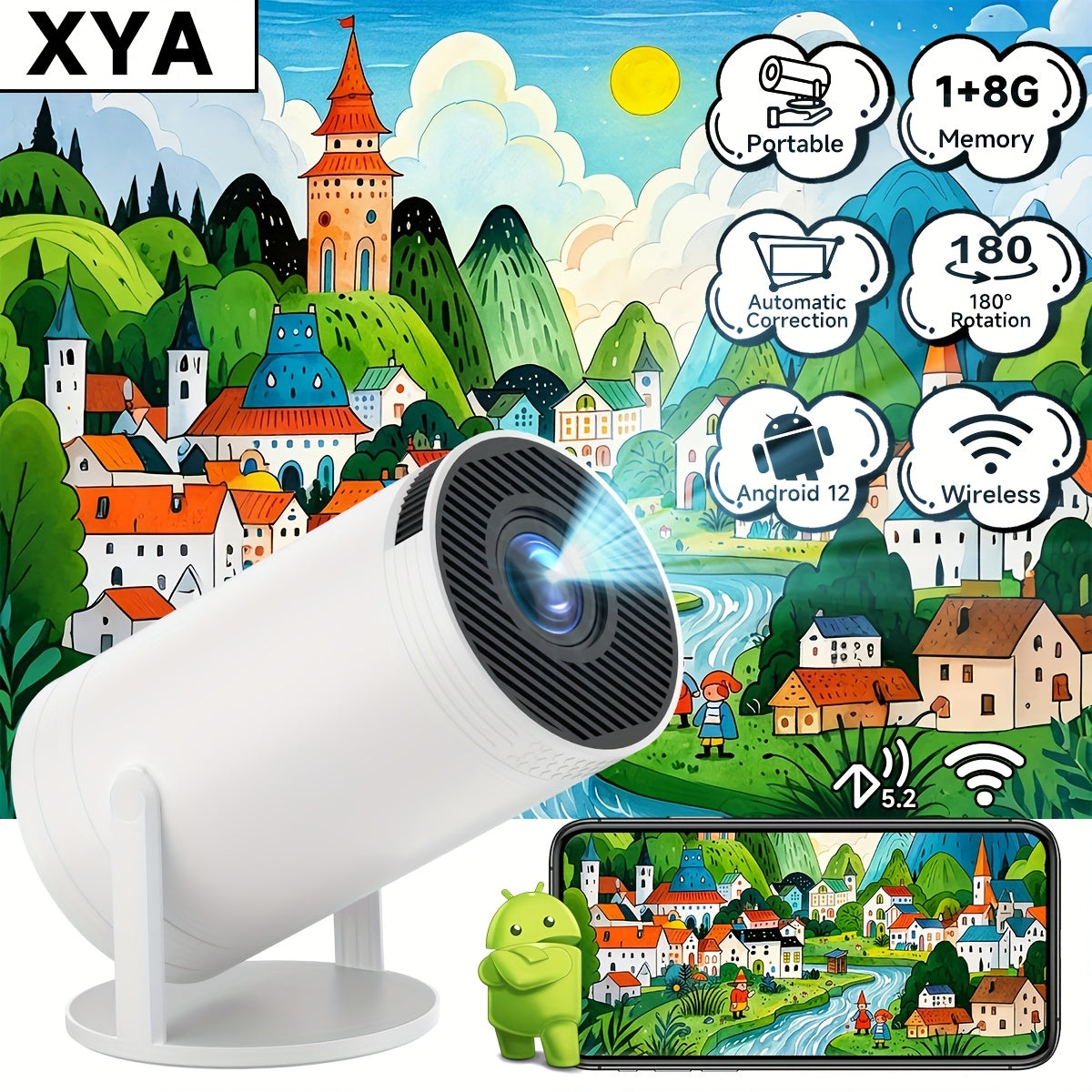 Proyector mini portátil 1080P soporte 180° rotatorio corrección trapezoidal automática blanco