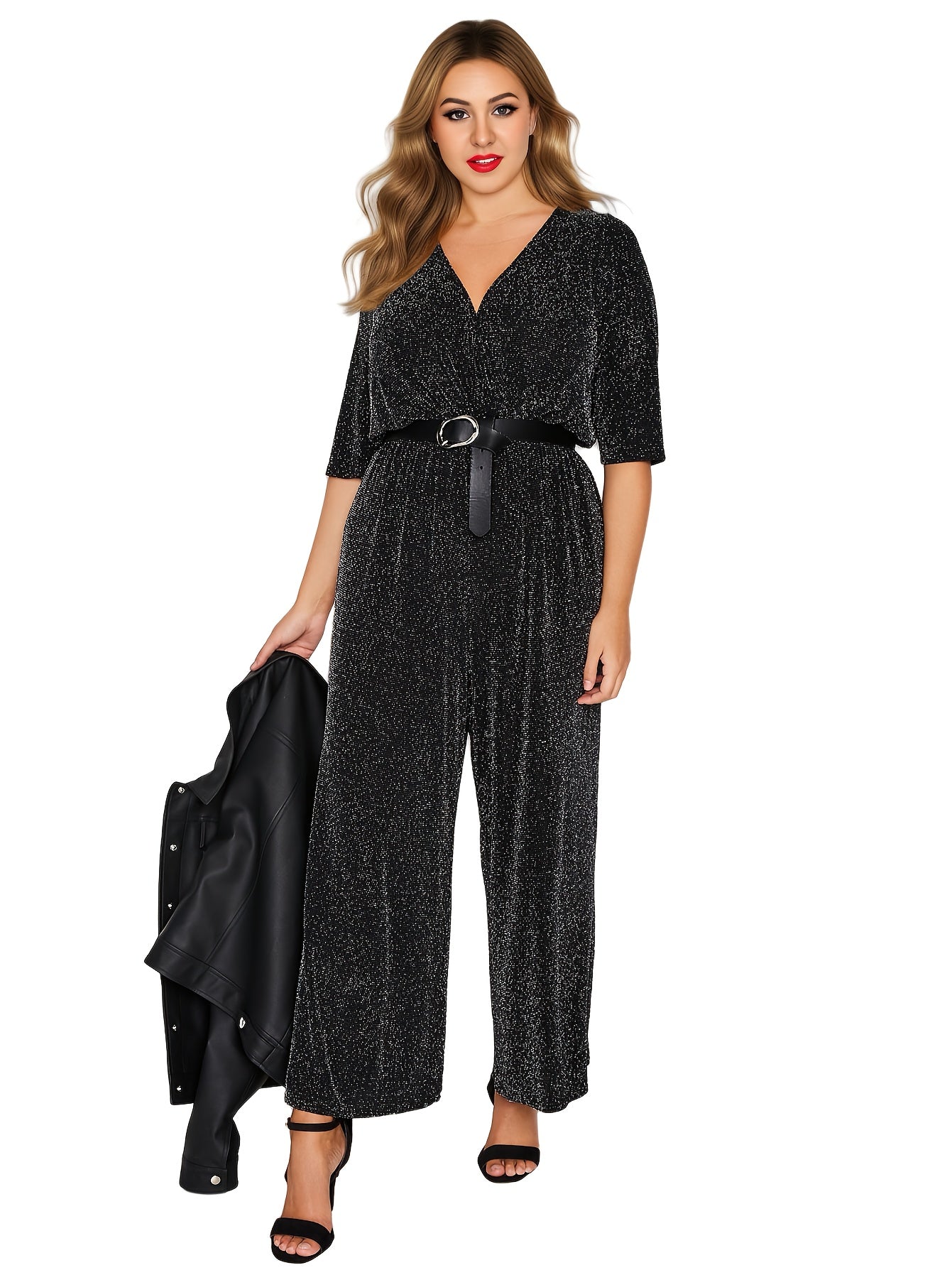 Plus Size Women's Glitter Jumpsuit V-Neck Back Wide Leg Formal Attire