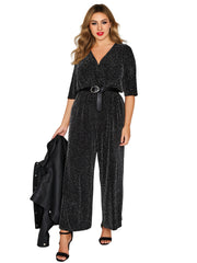 Plus Size Women's Glitter Jumpsuit V-Neck Back Wide Leg Formal Attire