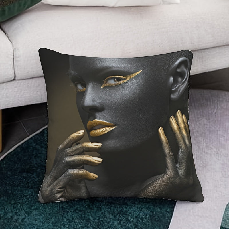 African American Woman Throw Pillow Cover Black and Gold 45 Inch Decorative Cushion