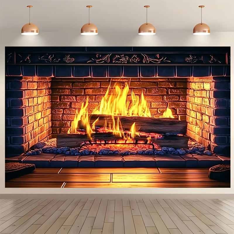Giant 3D Fireplace Backdrop Red Brick Design Polyester Indoor Decor Multiple Sizes