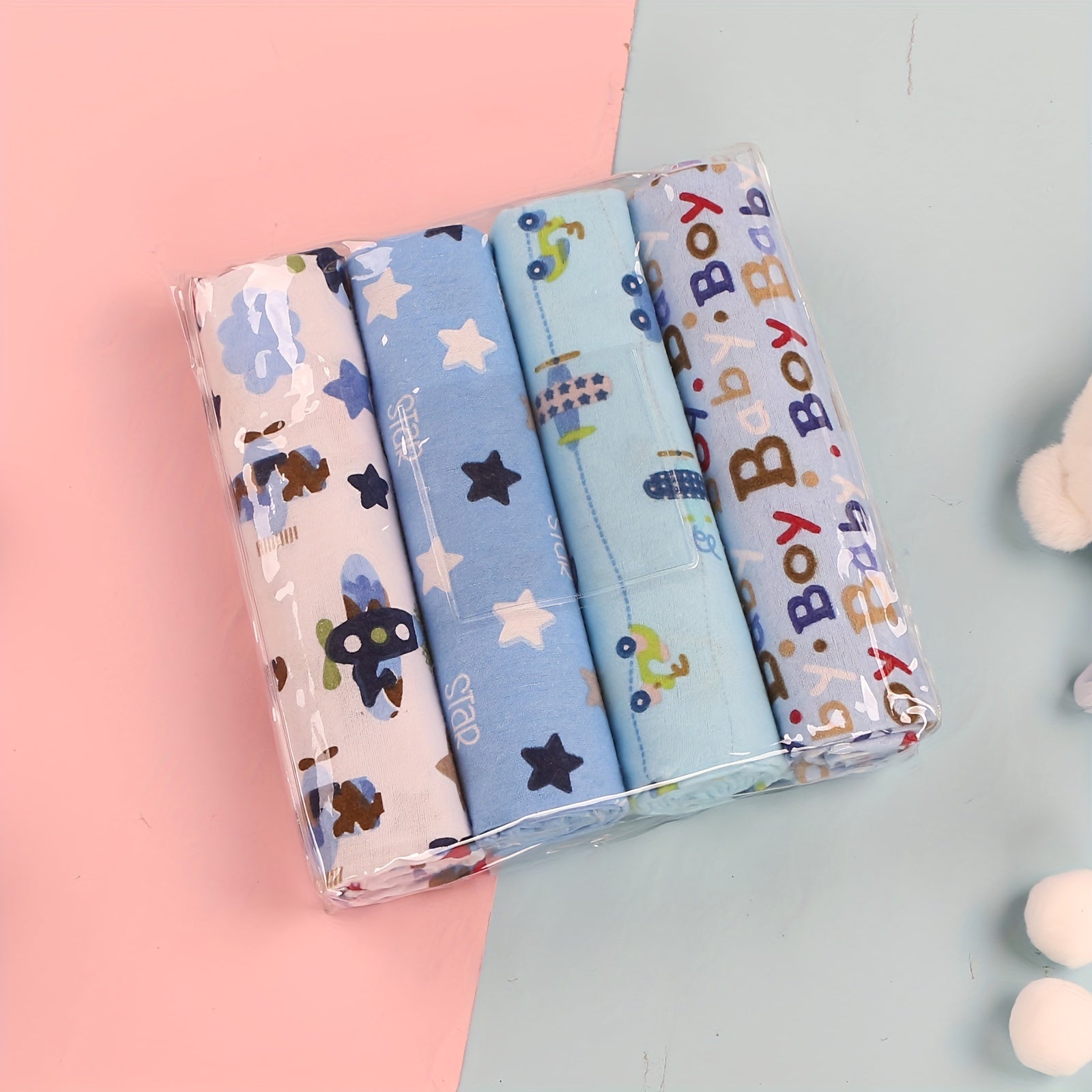 Set of 4 Cotton Baby Blankets with Cartoon Prints for Newborns and Infants