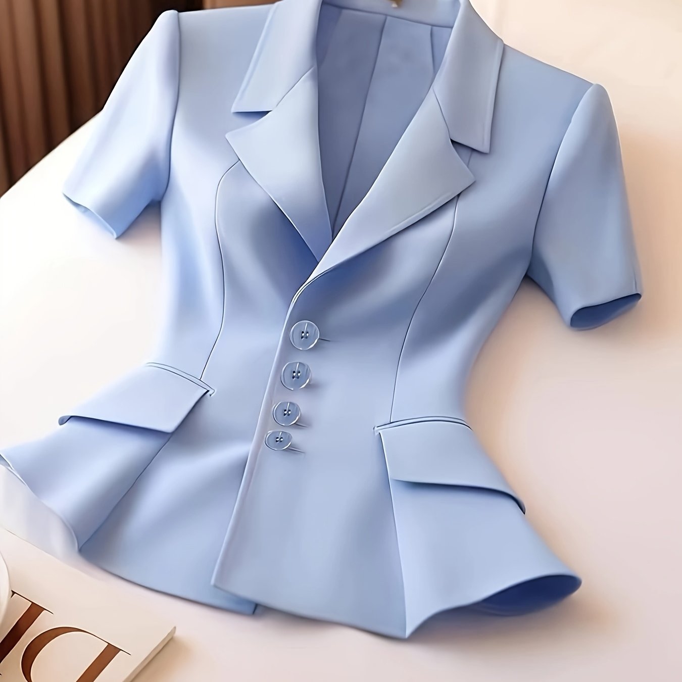 Pink Women's Blazer Short Sleeve Ruffled Hem Slimming Fit Office Casual Polyester