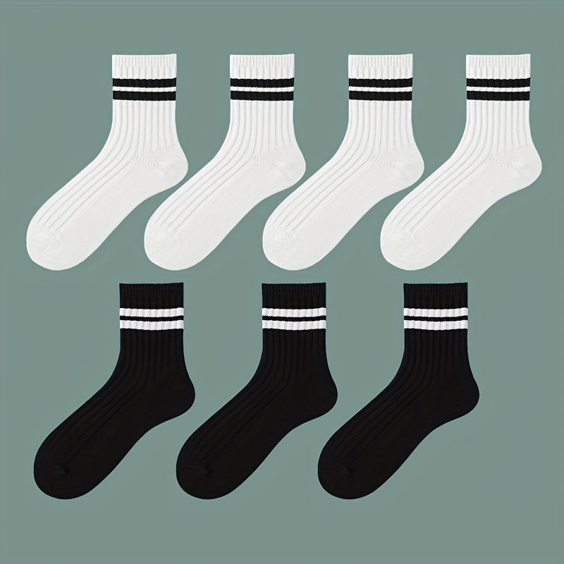 7 Pairs Black and White Thick Mid-Length Socks for Autumn Winter Breathable Comfort