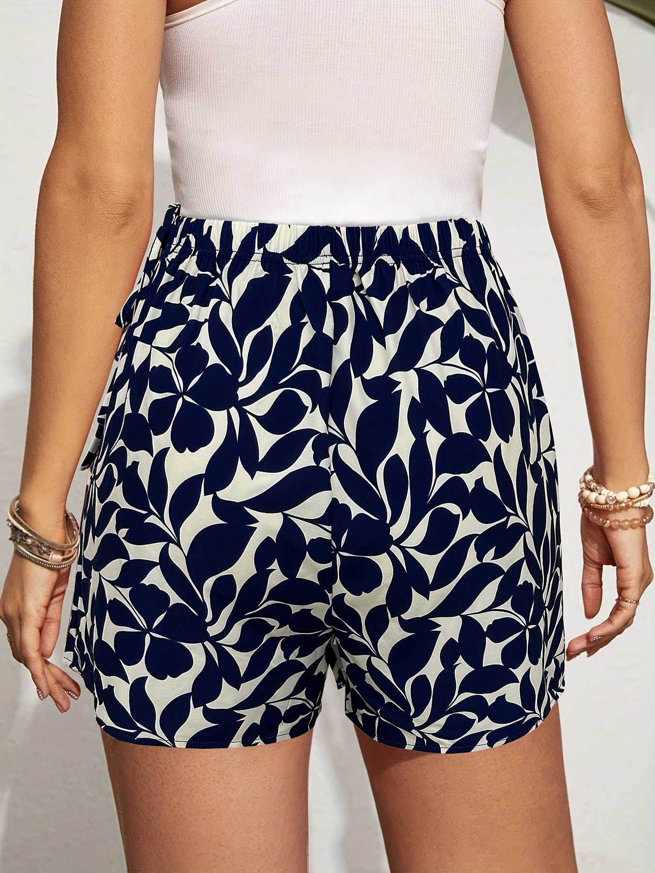 Women's Floral Print Faux Drawstring Skirt Shorts Lightweight Polyester Navy Blue