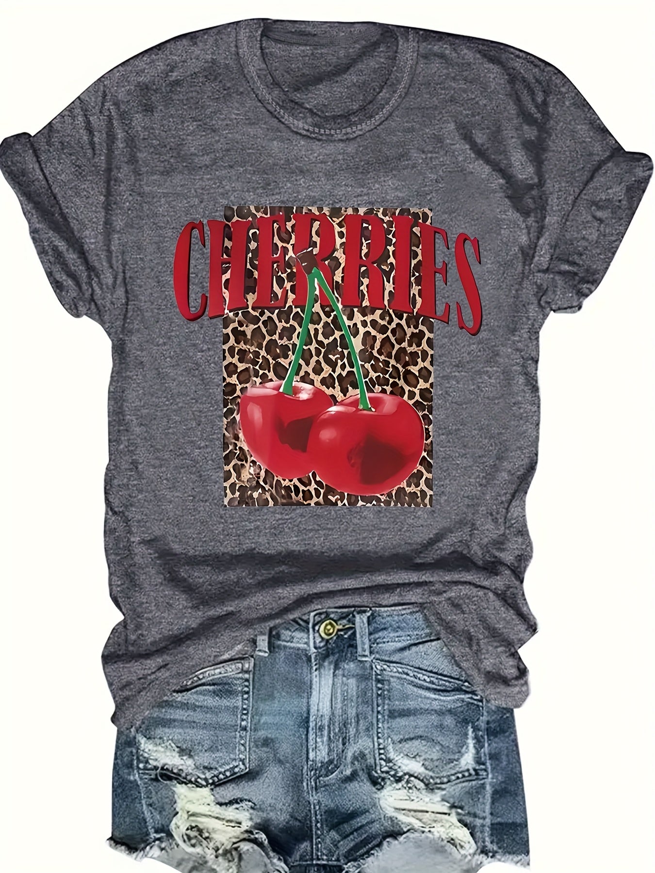 Women's Leopard Print Cherry Letter T-Shirt Grey Short Sleeve Casual Plus Size