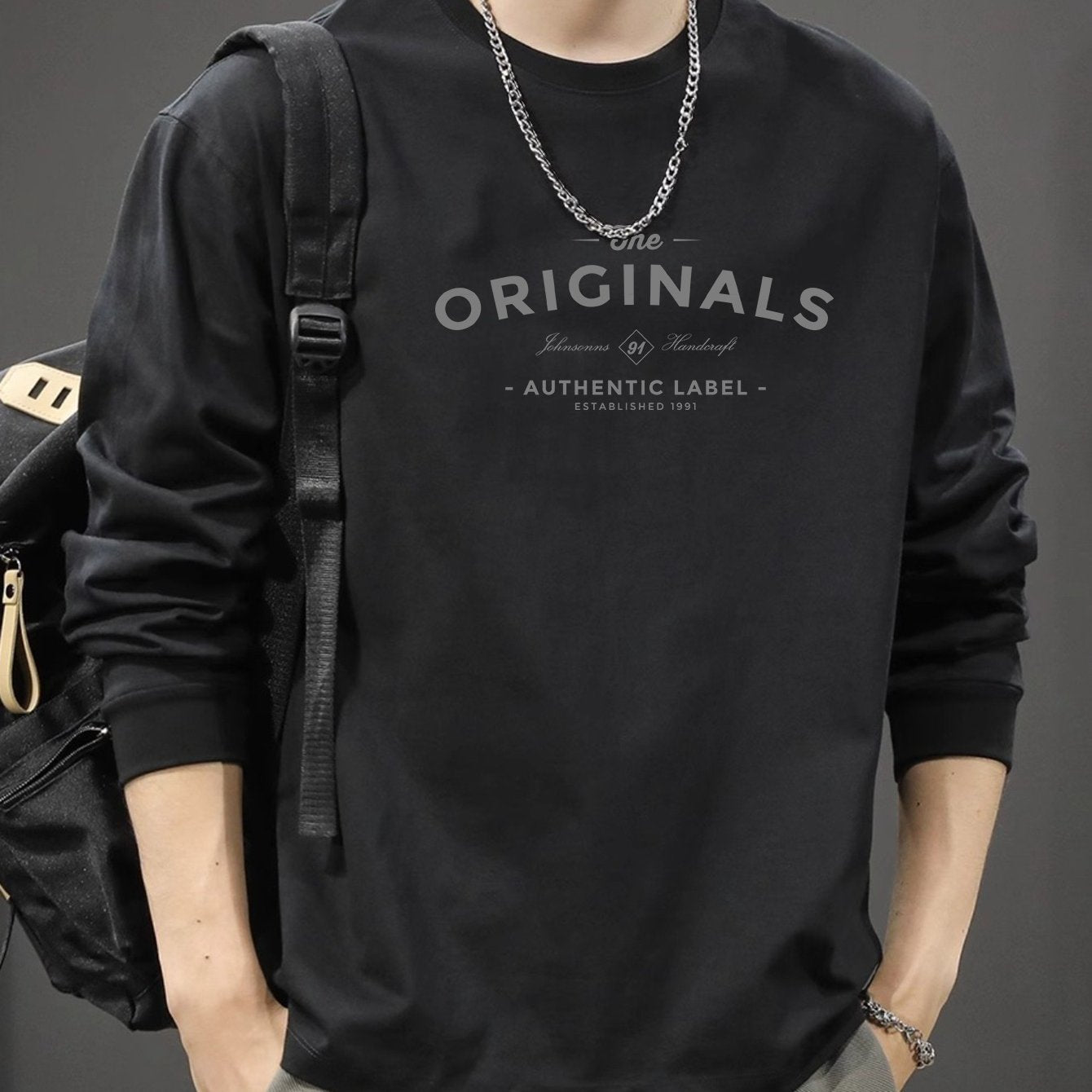 Men's Long Sleeve Cotton T-Shirt with Alphabet Pattern Crew Neck Casual Spring Fall