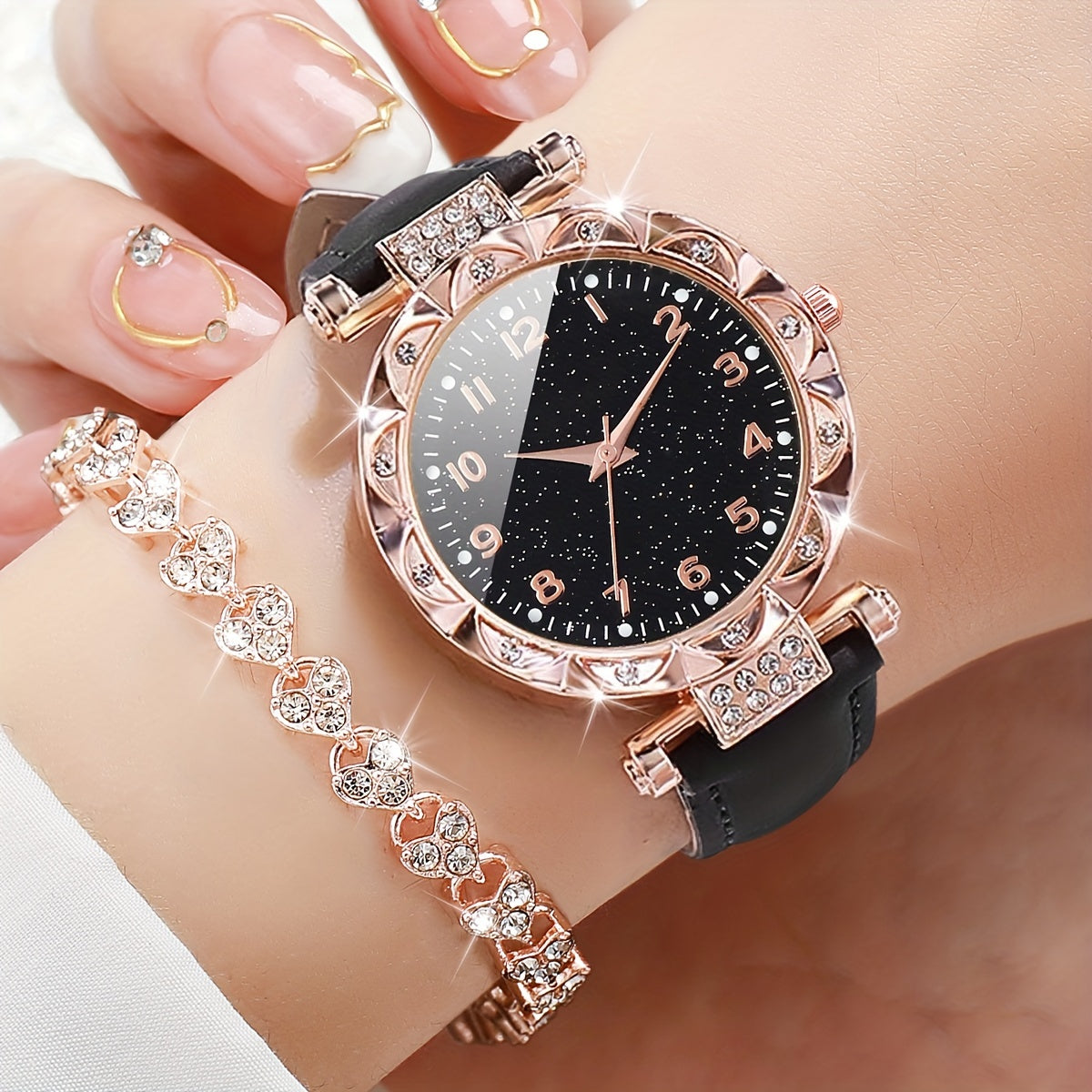 Women's Quartz Watch and Bracelet Set with Round Alloy Case and Faux Leather Band