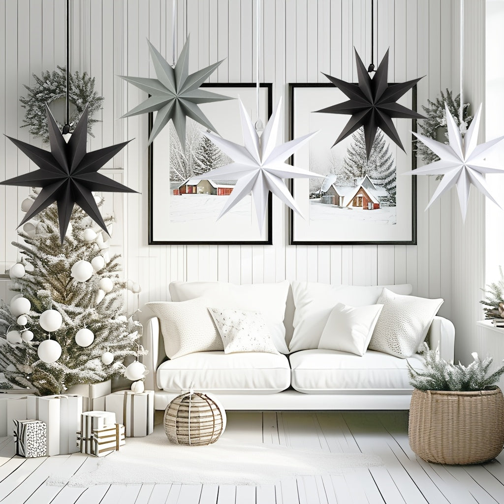 Set de 3 faroles de papel 3D en forma de estrella, decoraciones navideñas para interior, 30.48cm, negro, gris, blanco