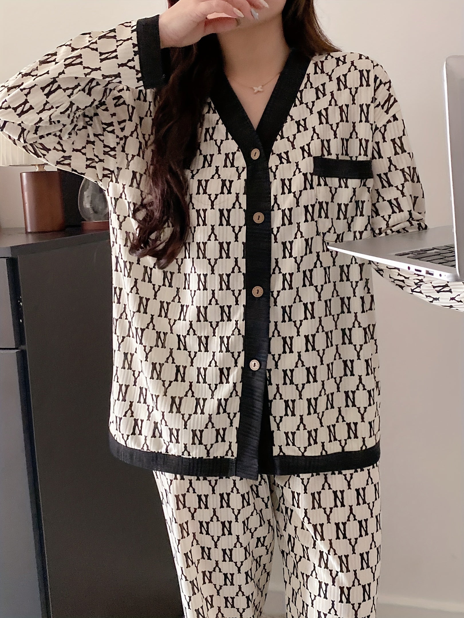 Розовый и синий корейский стиль пижамный комплект для женщин с открытой передней частью, весна, осень, длинный рукав