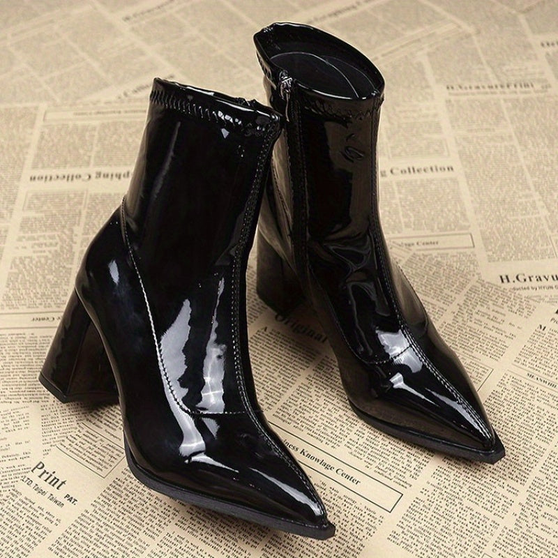 Women's Black Ankle Boots with Chunky Heel Zipper Closure Pointed Toe