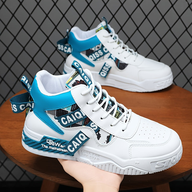 Men's High-Top Lace-Up Sneakers with Cartoon Accents Breathable Faux Upper for Running and Skateboarding