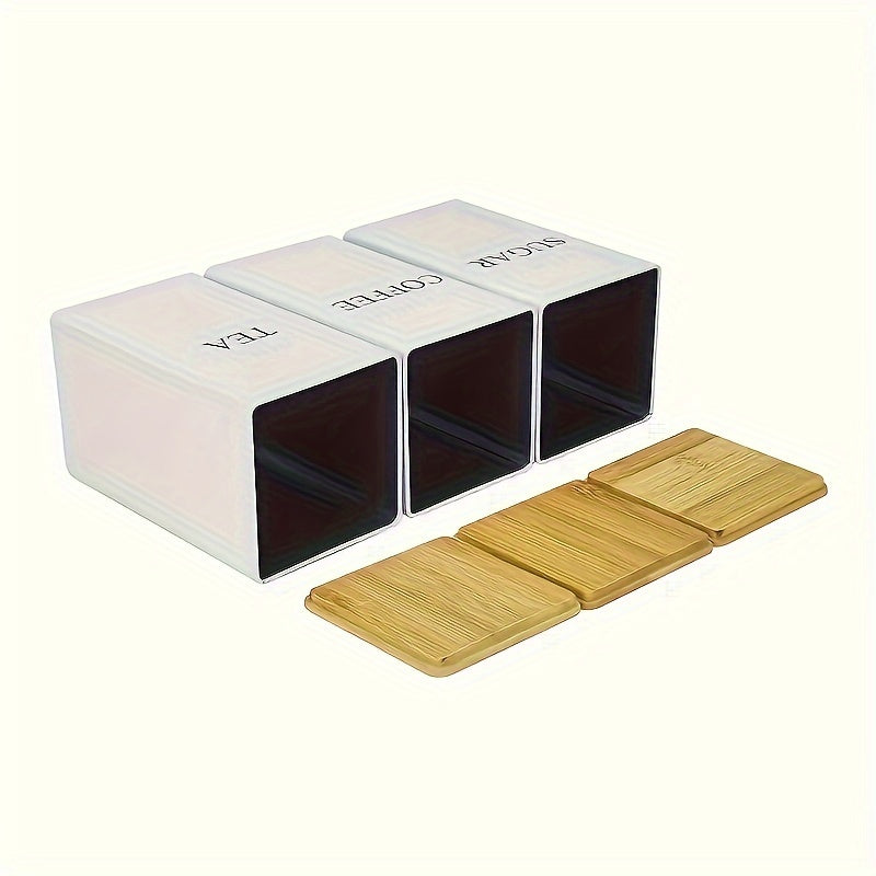 Set of 3 Iron Kitchen Canisters with Wooden Lids for Tea Coffee Sugar Storage